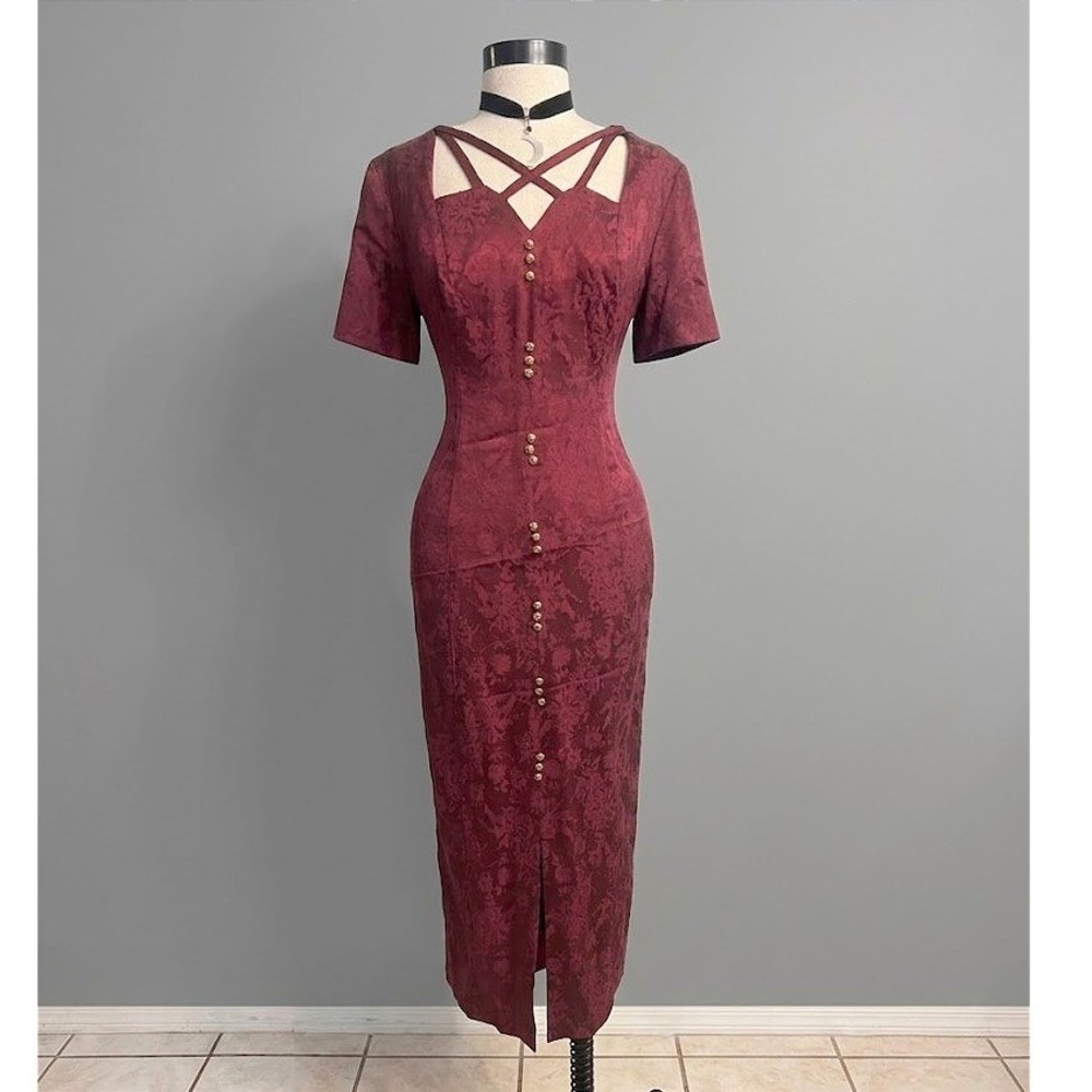 Vintage Burgundy Victorian Style Secretary Midi Pencil Dress LARGE